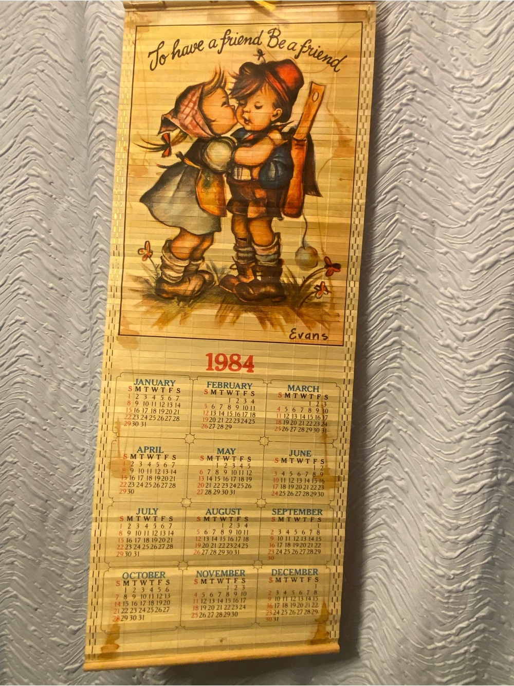 Vintage 1984 Wall Calendar Scroll with Children Illustration